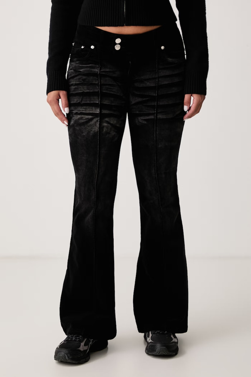 Juicy Couture  blugi flared pentru femei CREST VELOUR DENIM LOW RISE FLARE