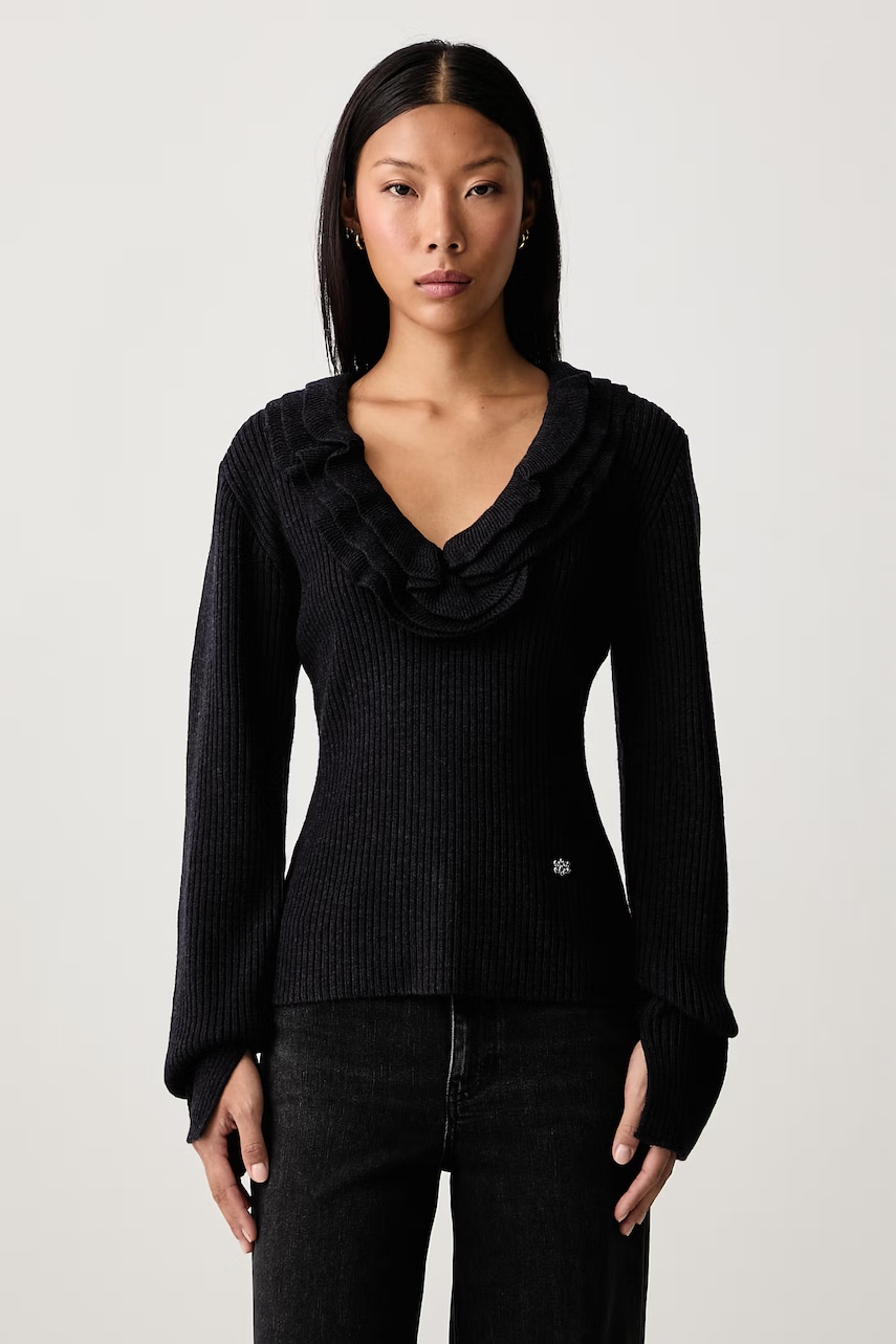 GANNI Ribbed Frill sweter z wełną merino damski