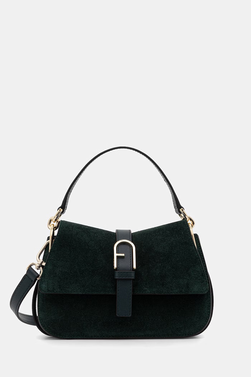 Furla Flow Top Handle Mini Toni Dark Forest Green Suede + Claris Lux Calf Leather Woman