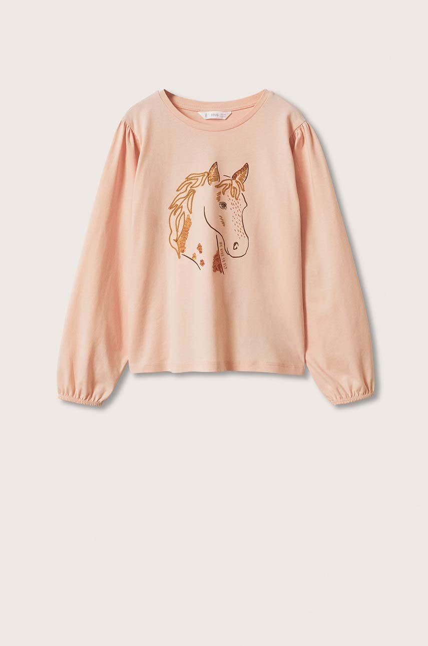 Mango Kids Longsleeve din bumbac pentru copii Horse culoarea roz