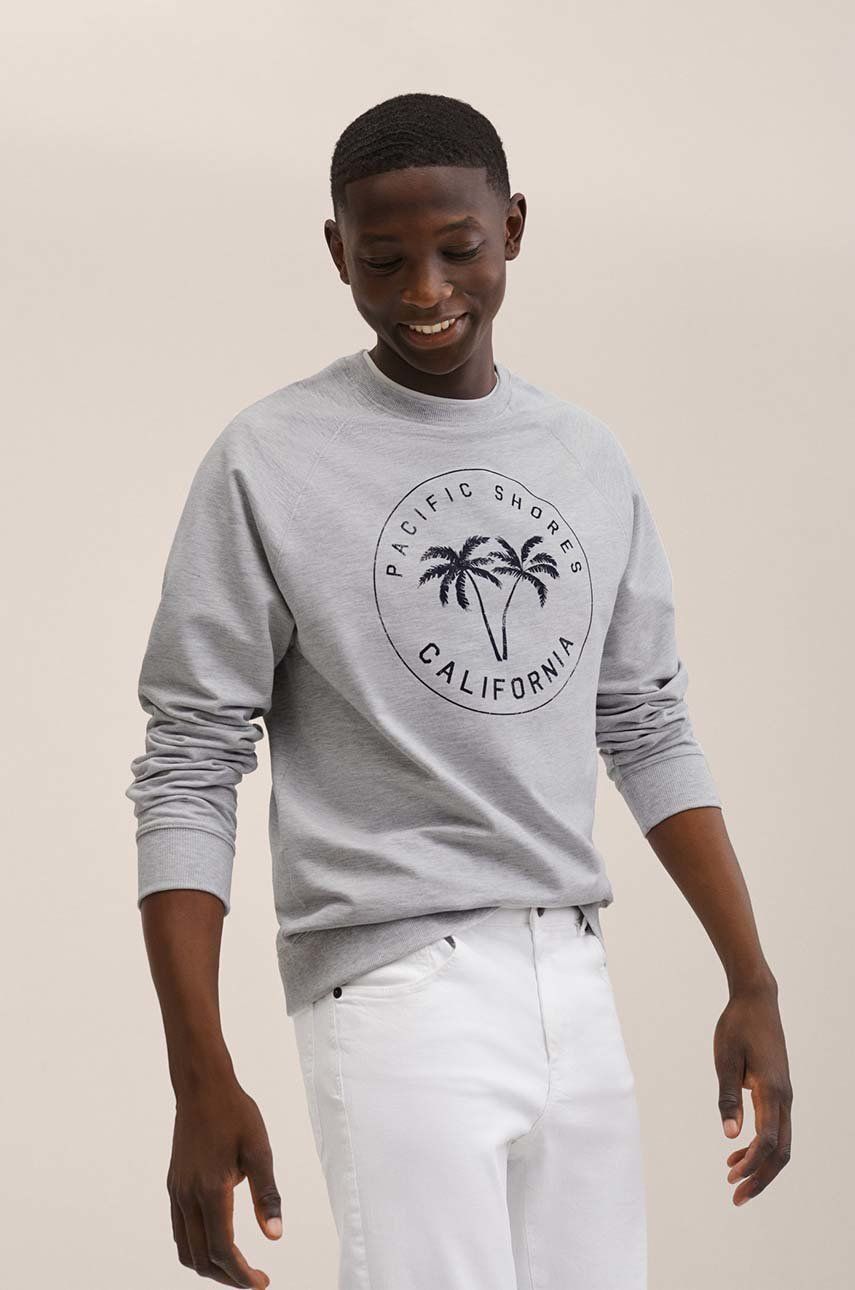 

Детски памучен суичър Mango Kids Cali в сиво с принт, Сив