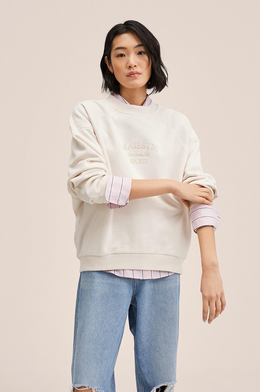 Mango hanorac de bumbac femei, culoarea bej, cu imprimeu