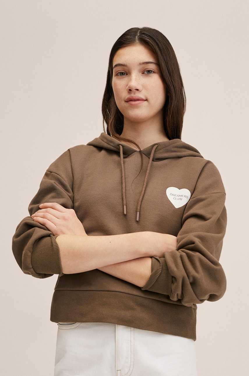 

Детски памучен суичър Mango Kids Heart в кафяво с принт, Кафяв