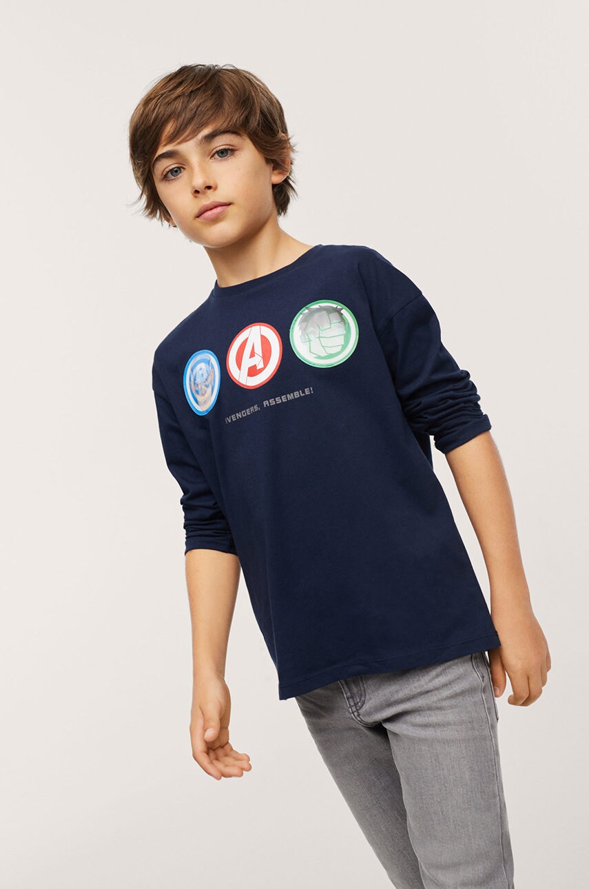 Mango Kids Longsleeve din bumbac pentru copii Icons culoarea albastru marin, cu imprimeu