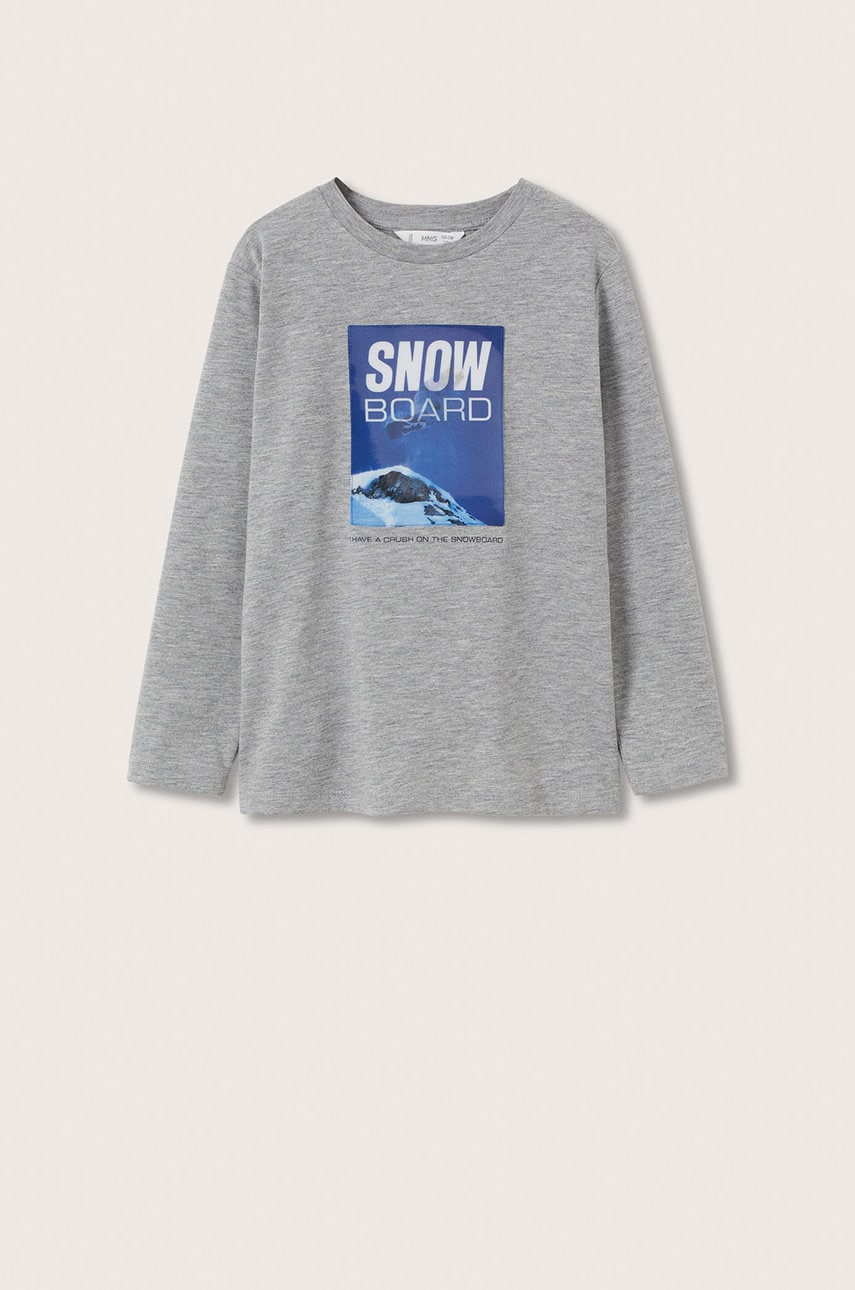 Mango kids longsleeve din bumbac pentru copii culoarea gri, cu imprimeu