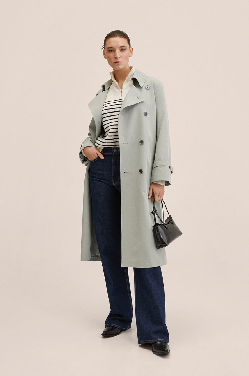 Тренч Mango February женский цвет бирюзовый переходной двубортный