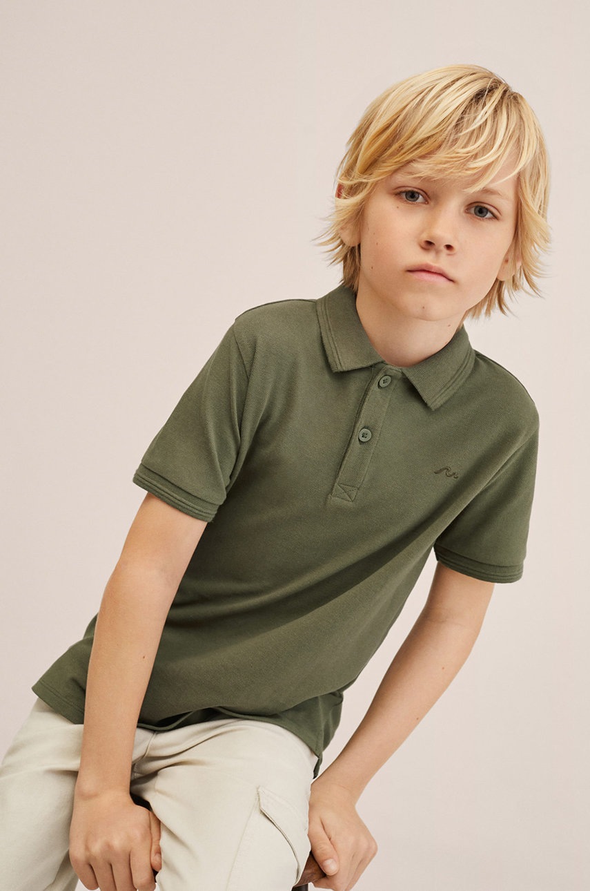 

Детска памучна тениска с яка Mango Kids Javier в кафяво с изчистен дизайн, Кафяв