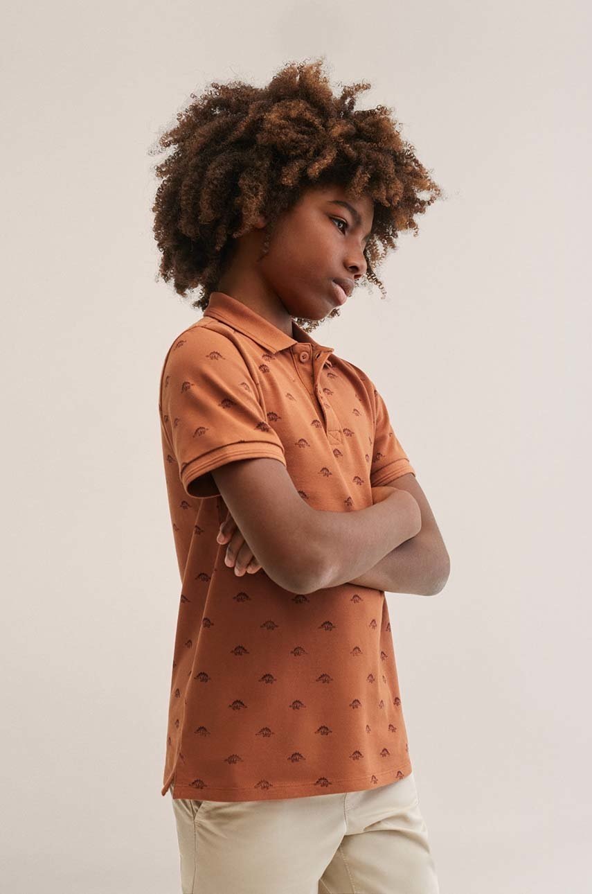 

Детска памучна тениска с яка Mango Kids Javierp в оранжево с десен, Оранжев
