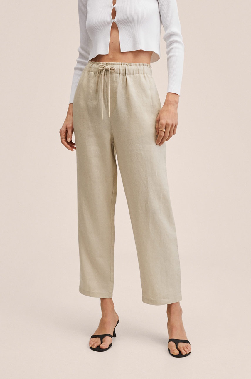 

Ленен панталон Mango Linen дамски в сиво с широка каройка, с висока талия, Сив