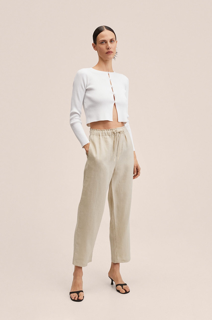 

Льняні штани Mango Linen жіночі колір сірий широкі висока посадка