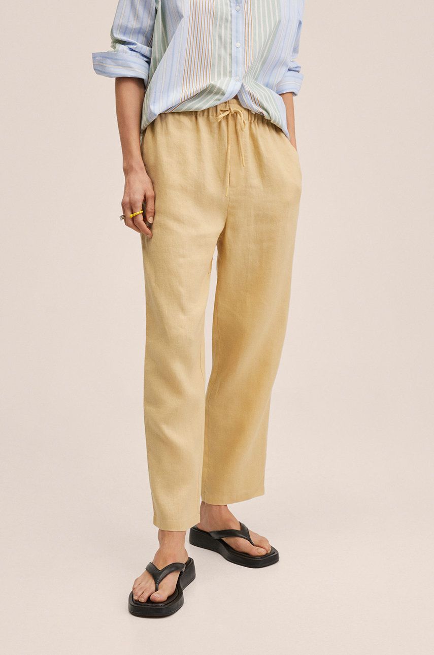 Mango spodnie lniane Linen damskie kolor żółty szerokie high waist