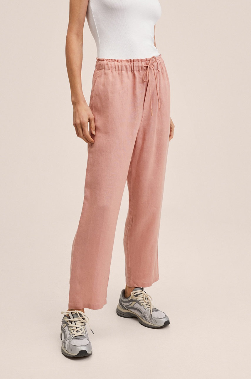 

Ленен панталон Mango Linen дамски в розово с широка каройка, с висока талия, Розов