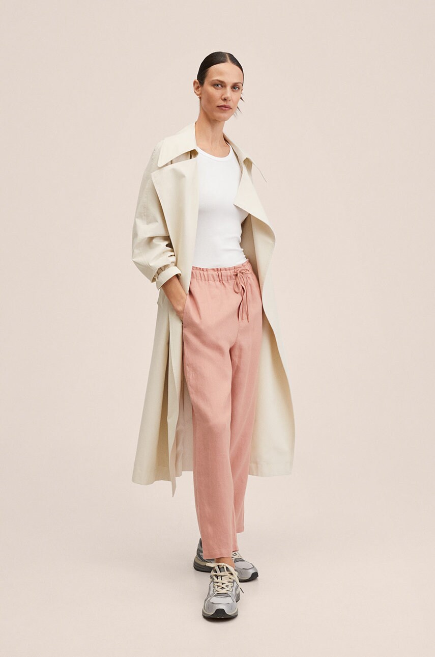 

Льняні штани Mango Linen жіночі колір рожевий широкі висока посадка