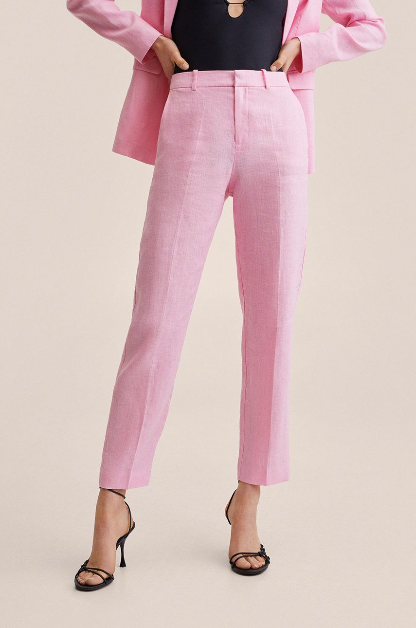 Mango spodnie Boreli damskie kolor różowy fason cygaretki high waist