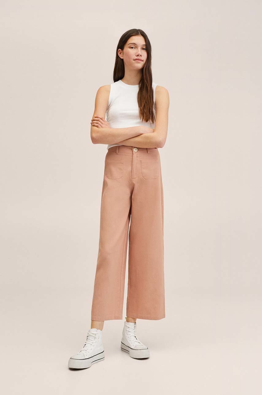

Детски панталони Mango Kids Linen в розово с изчистен дизайн, Розов