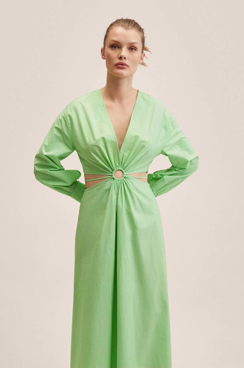 

Памучна рокля Mango Brown в зелено среднодълъг модел разкроен модел, Зелен