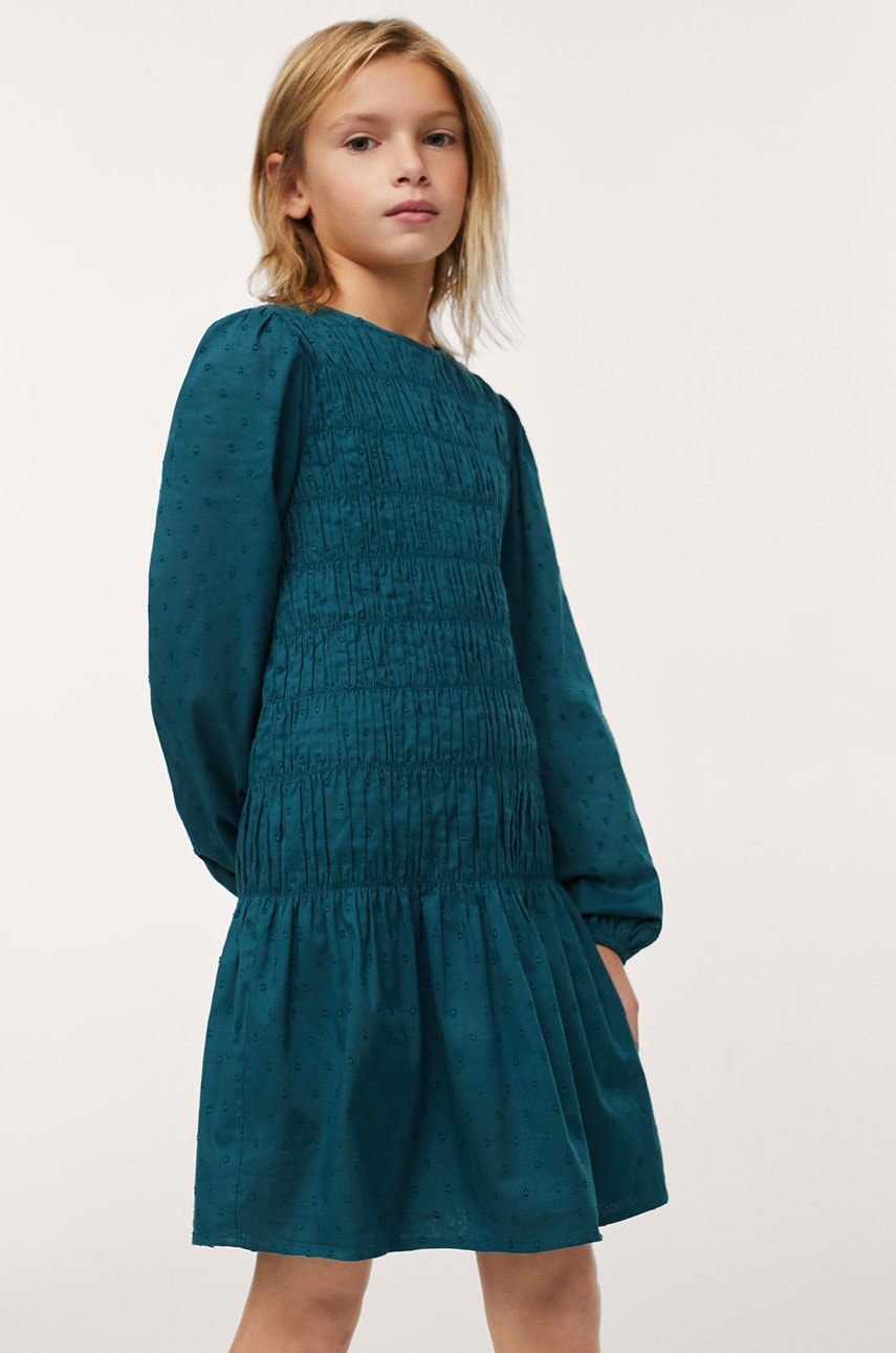 Mango kids rochie din bumbac pentru copii culoarea verde, mini, mulata