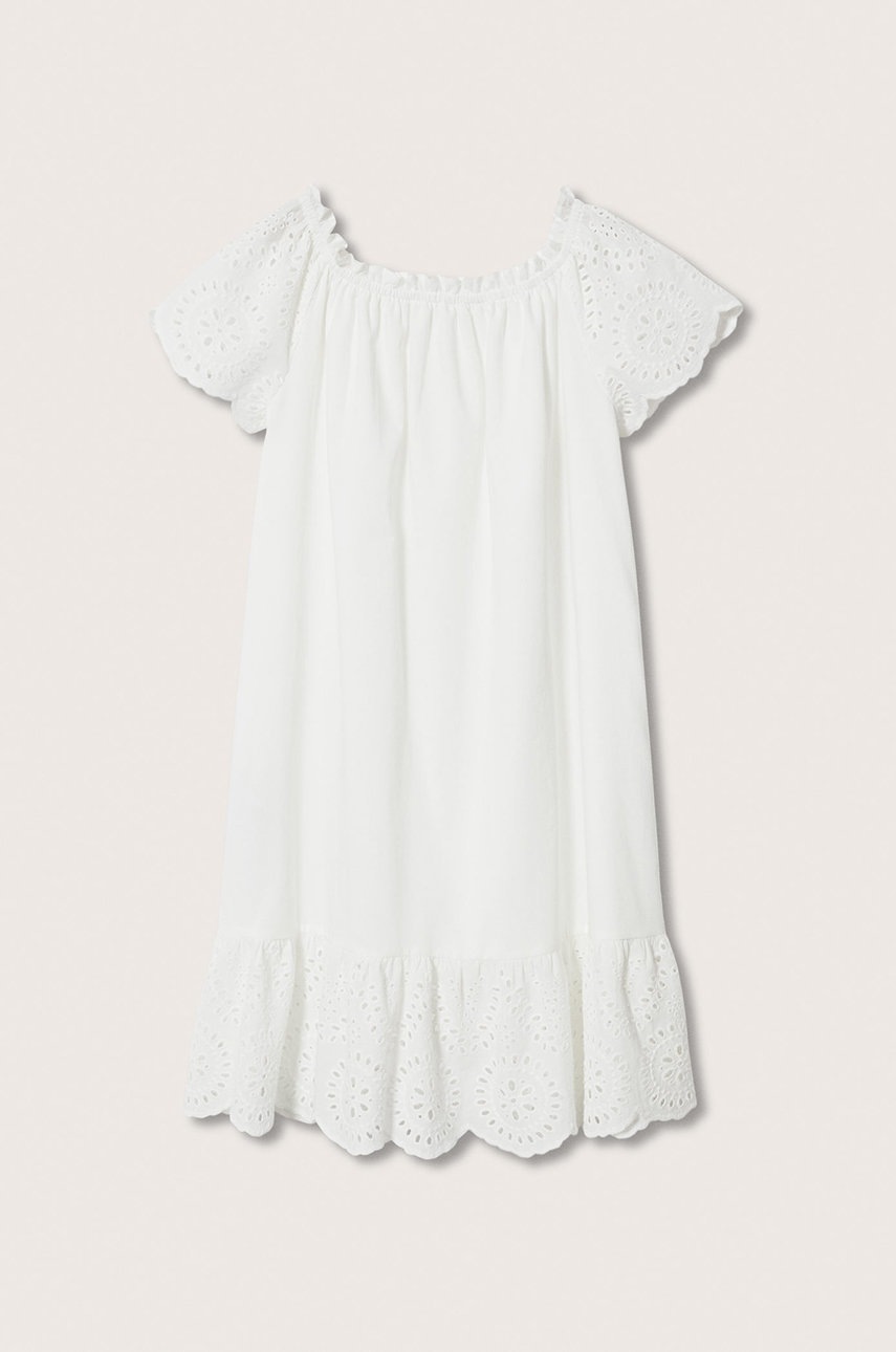 

Детска памучна рокля Mango Kids Suizo в бяло къс модел разкроен модел, Бял