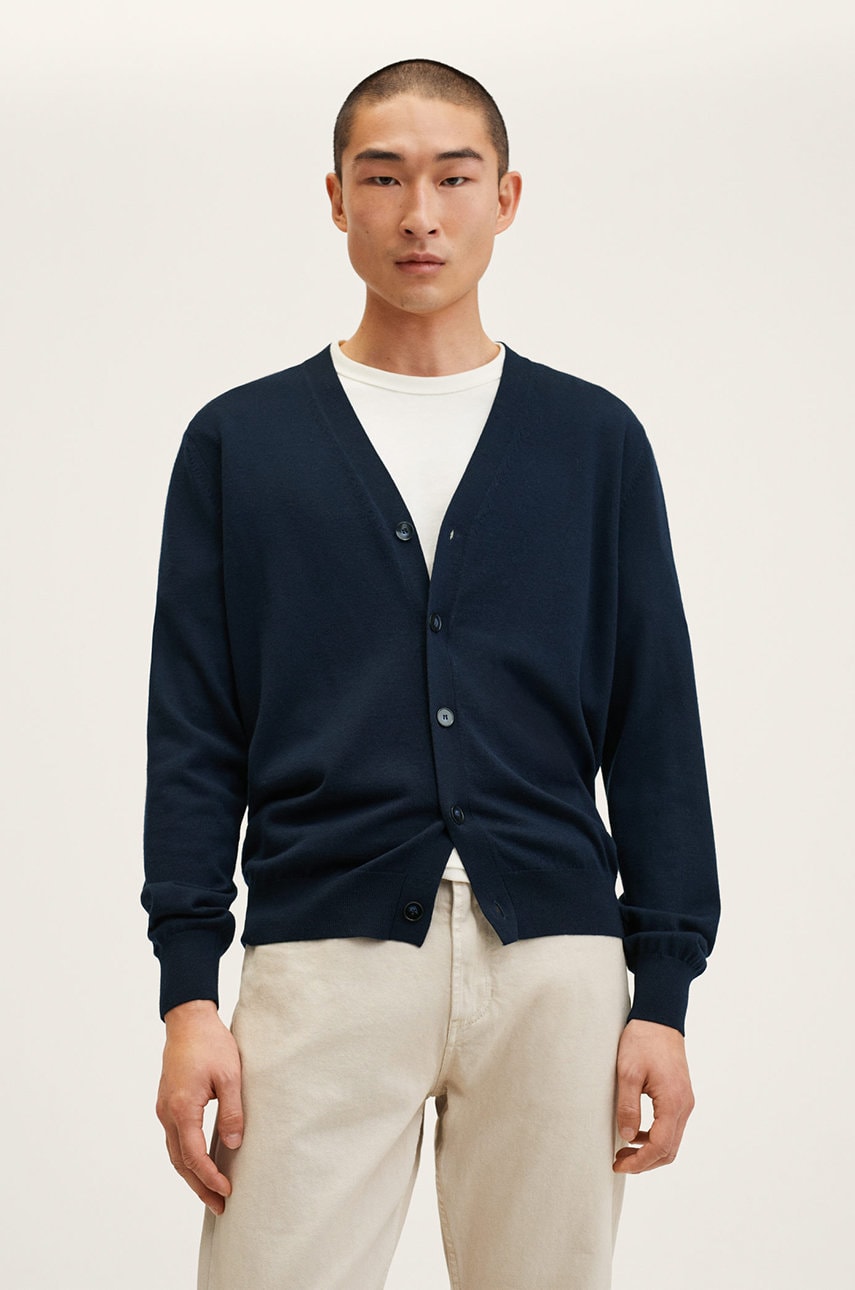 Mango man cardigan din lana barbati, culoarea albastru marin