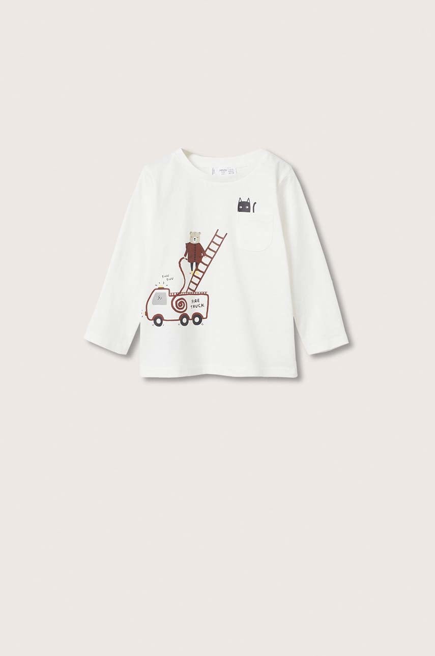 Mango kids longsleeve din bumbac pentru copii grua culoarea alb, cu imprimeu