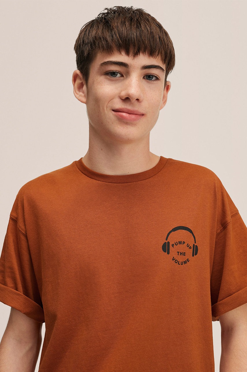 

Детска памучна тениска Mango Kids в жълто с принт, Жълт