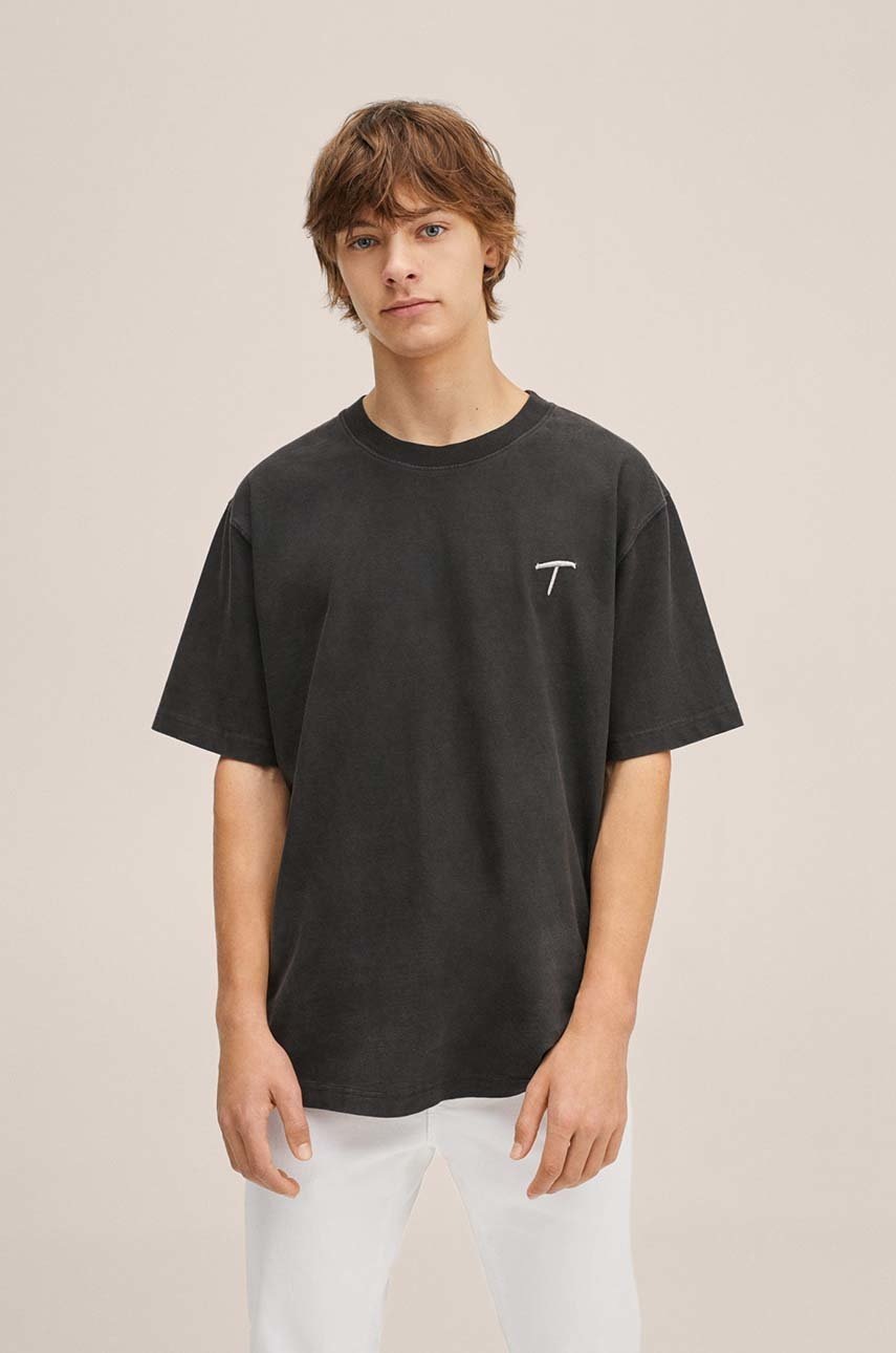

Детска памучна тениска Mango Kids в черно с изчистен дизайн, Черен