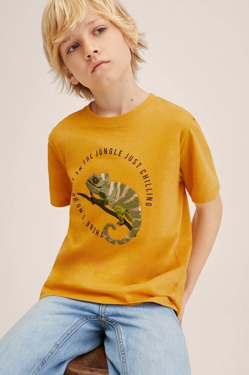 

Детска памучна тениска Mango Kids Sequins в жълто с апликация, Жълт
