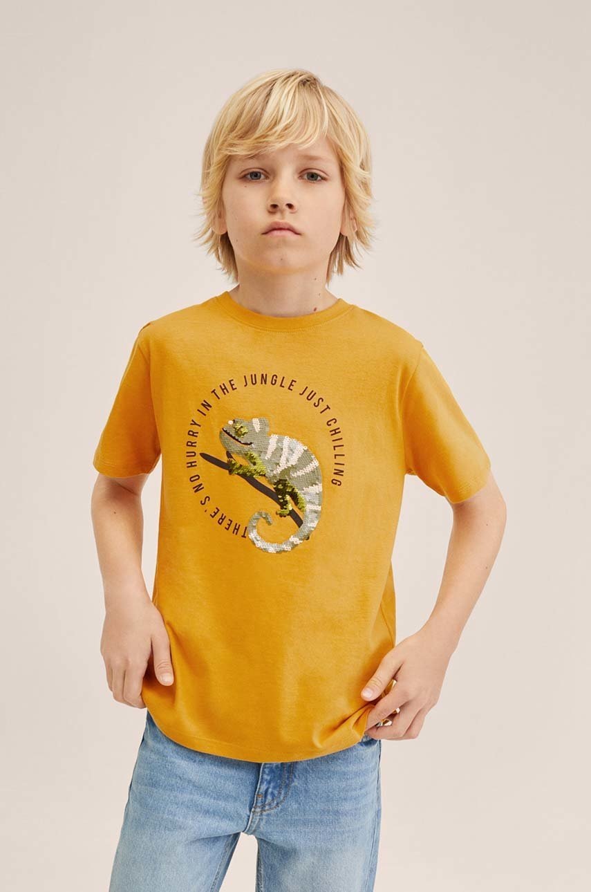 

Детская хлопковая футболка Mango Kids Sequins цвет жёлтый с аппликацией