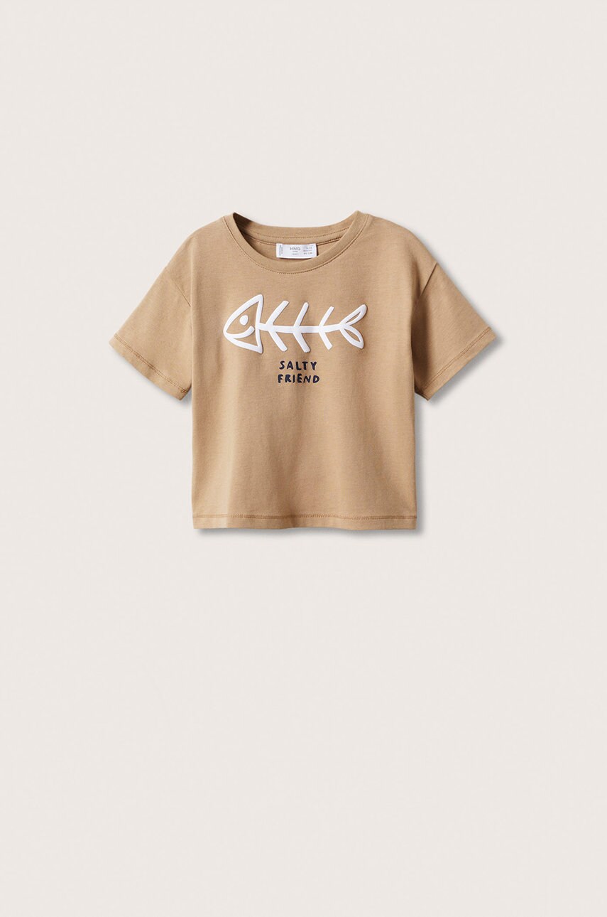 

Детска памучна тениска Mango Kids Raspa в кафяво с принт, Кафяв