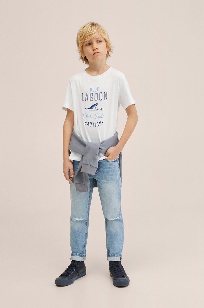 

Детская хлопковая футболка Mango Kids Coast цвет белый с принтом