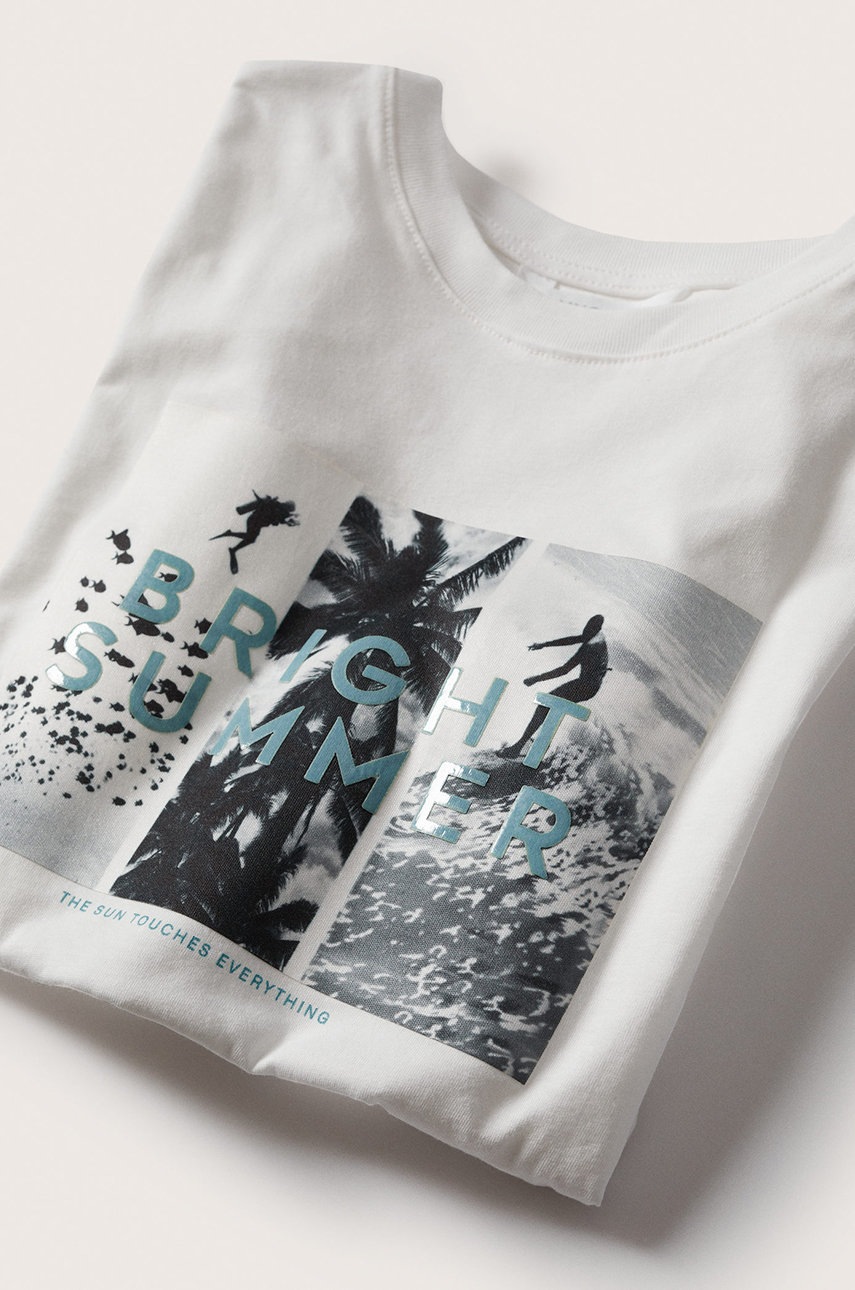 

Детская хлопковая футболка Mango Kids Fotos цвет белый с принтом