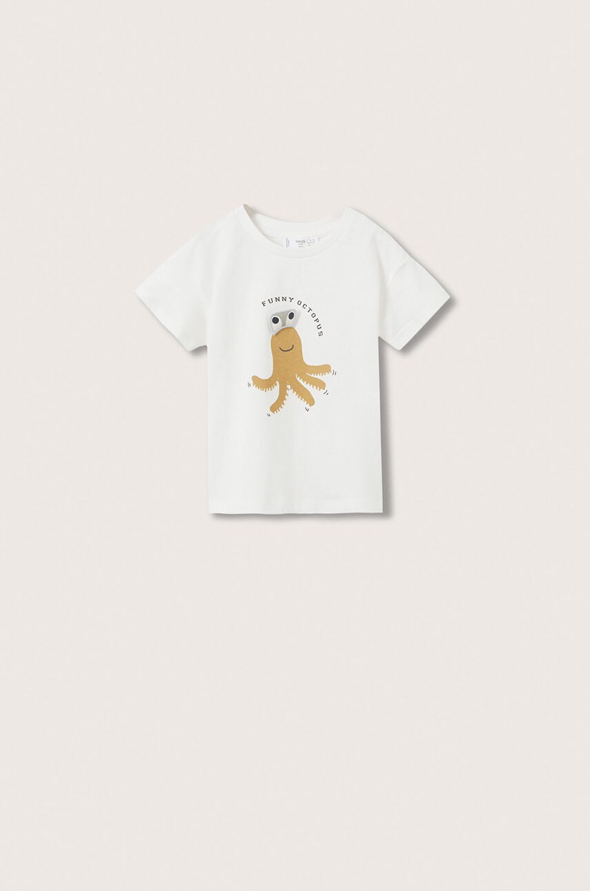 

Памучна тениска Mango Kids Octopus в бяло с принт, Бял