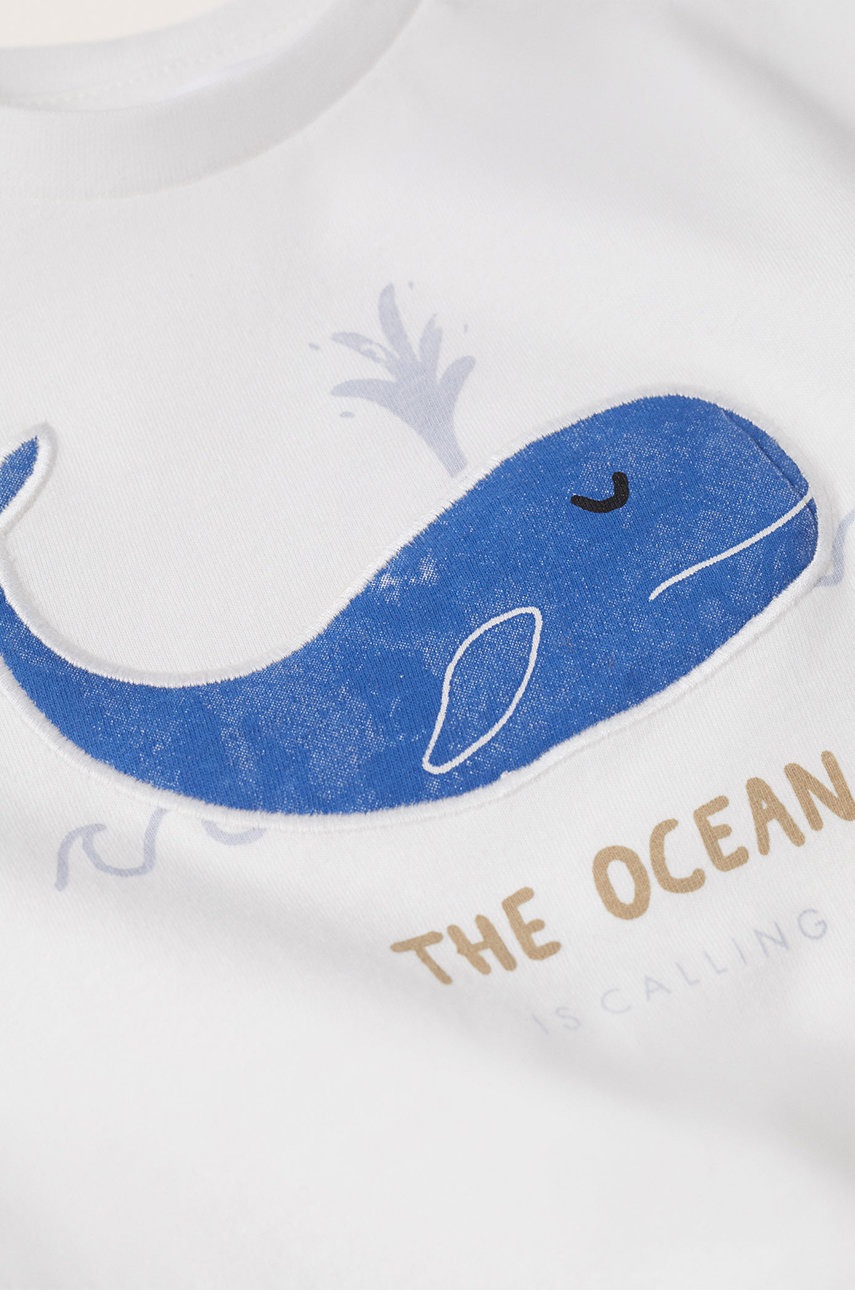 

Дитяча бавовняна футболка Mango Kids Whale колір білий з аплікацією