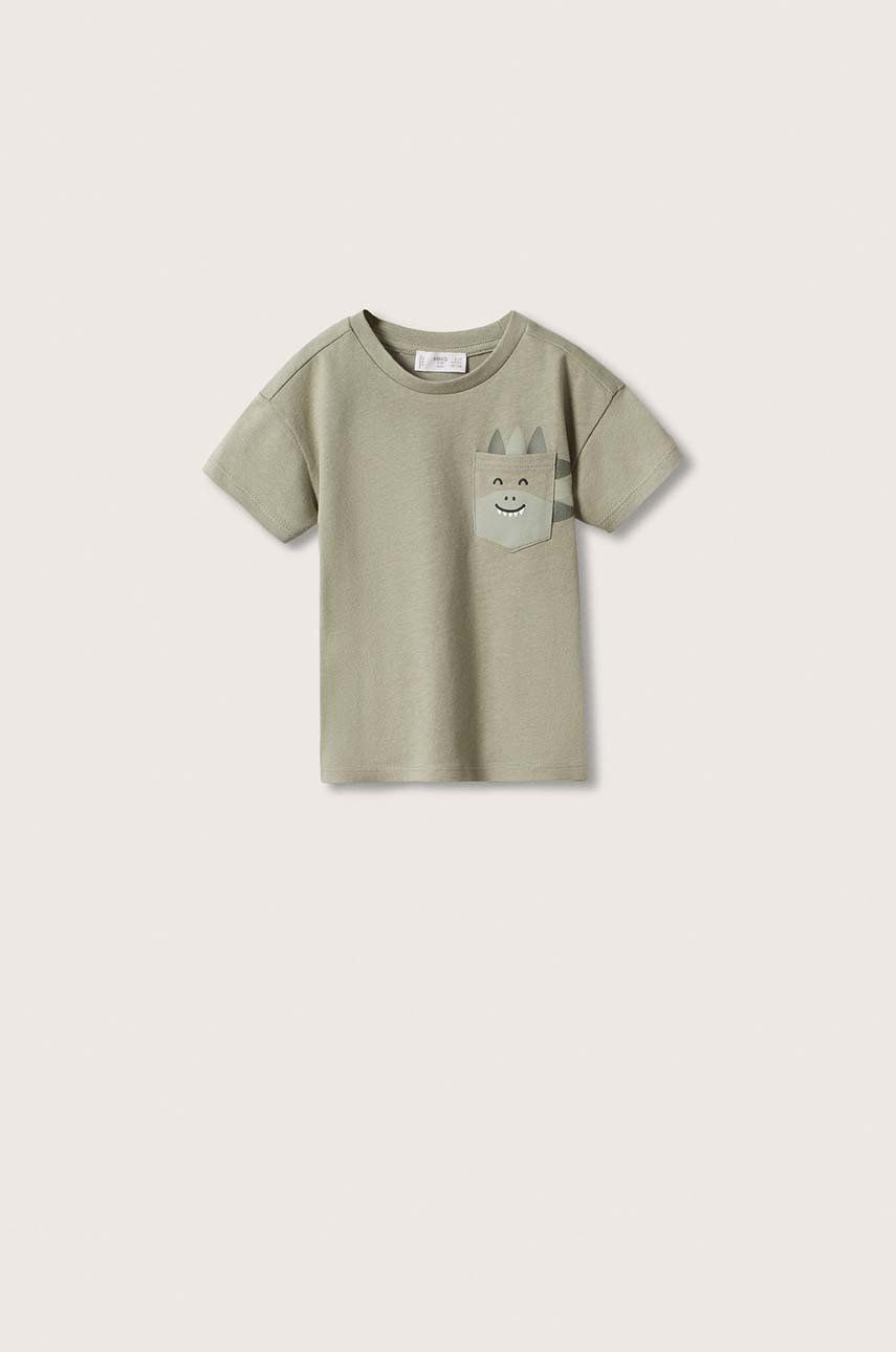 

Детска памучна тениска Mango Kids Bolsillo в кафяво с принт, Кафяв