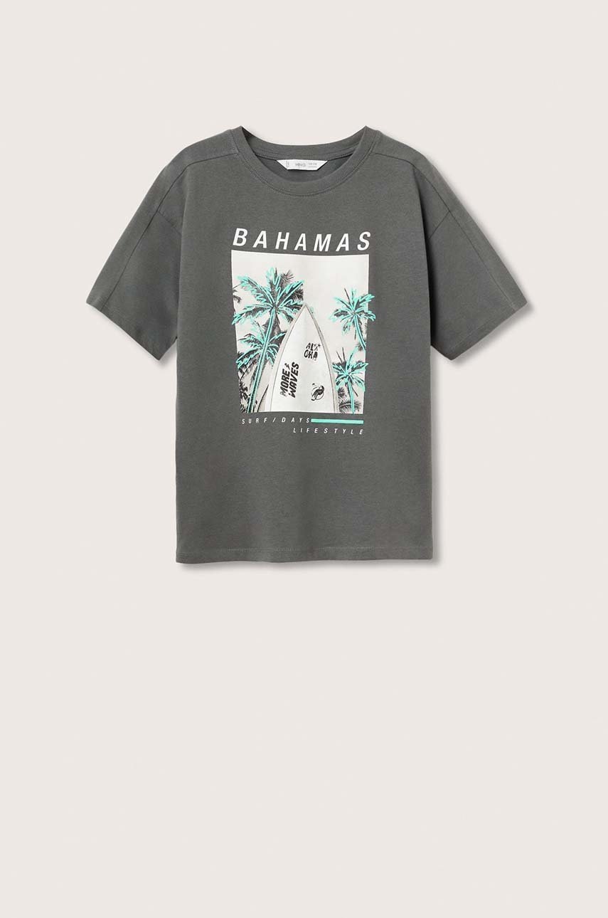 

Детска памучна тениска Mango Kids Bahamas в сиво с принт, Сив