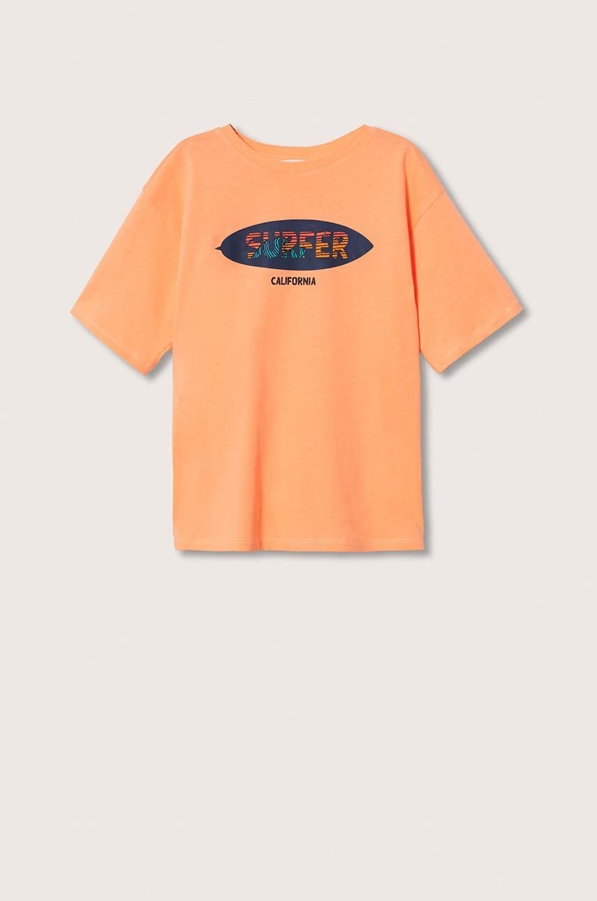 

Детска памучна тениска Mango Kids Surfer в оранжево с принт, Оранжев