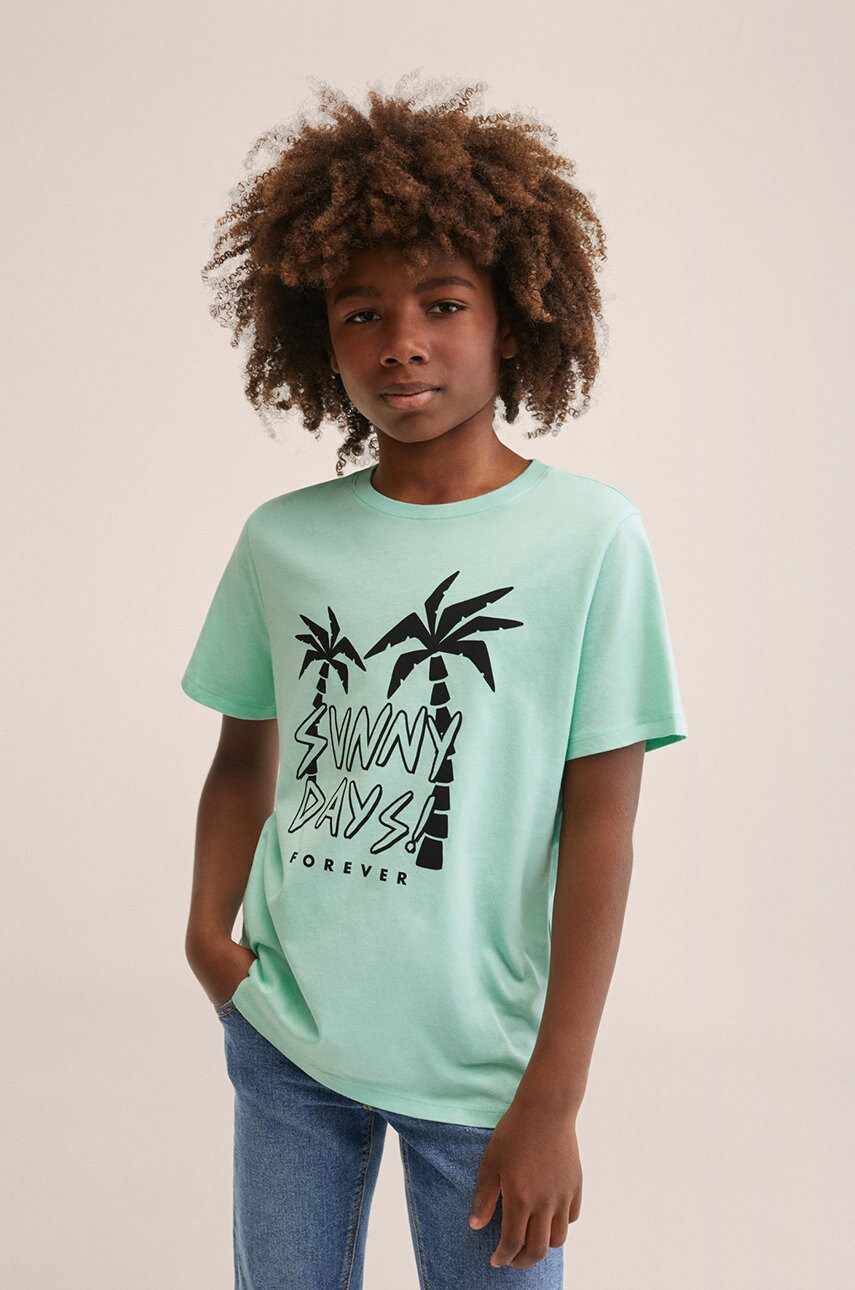 

Детска памучна тениска Mango Kids Sunny в зелено с принт, Зелен