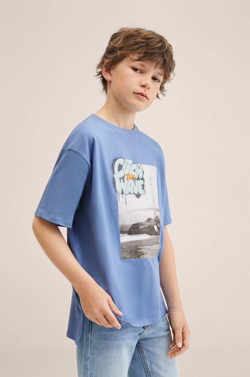 

Детска памучна тениска Mango Kids Spray с принт, Син