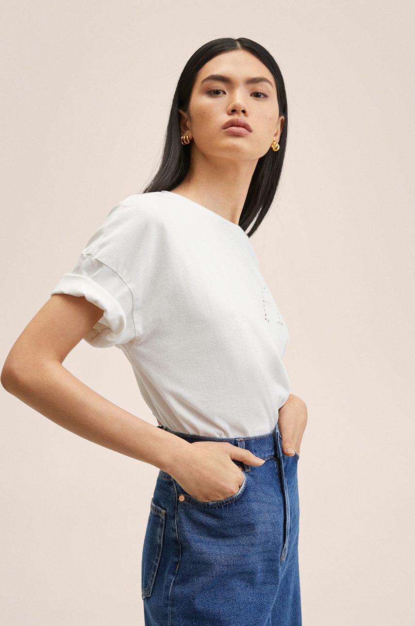 

Памучна тениска Mango Fleur в бяло, Бял