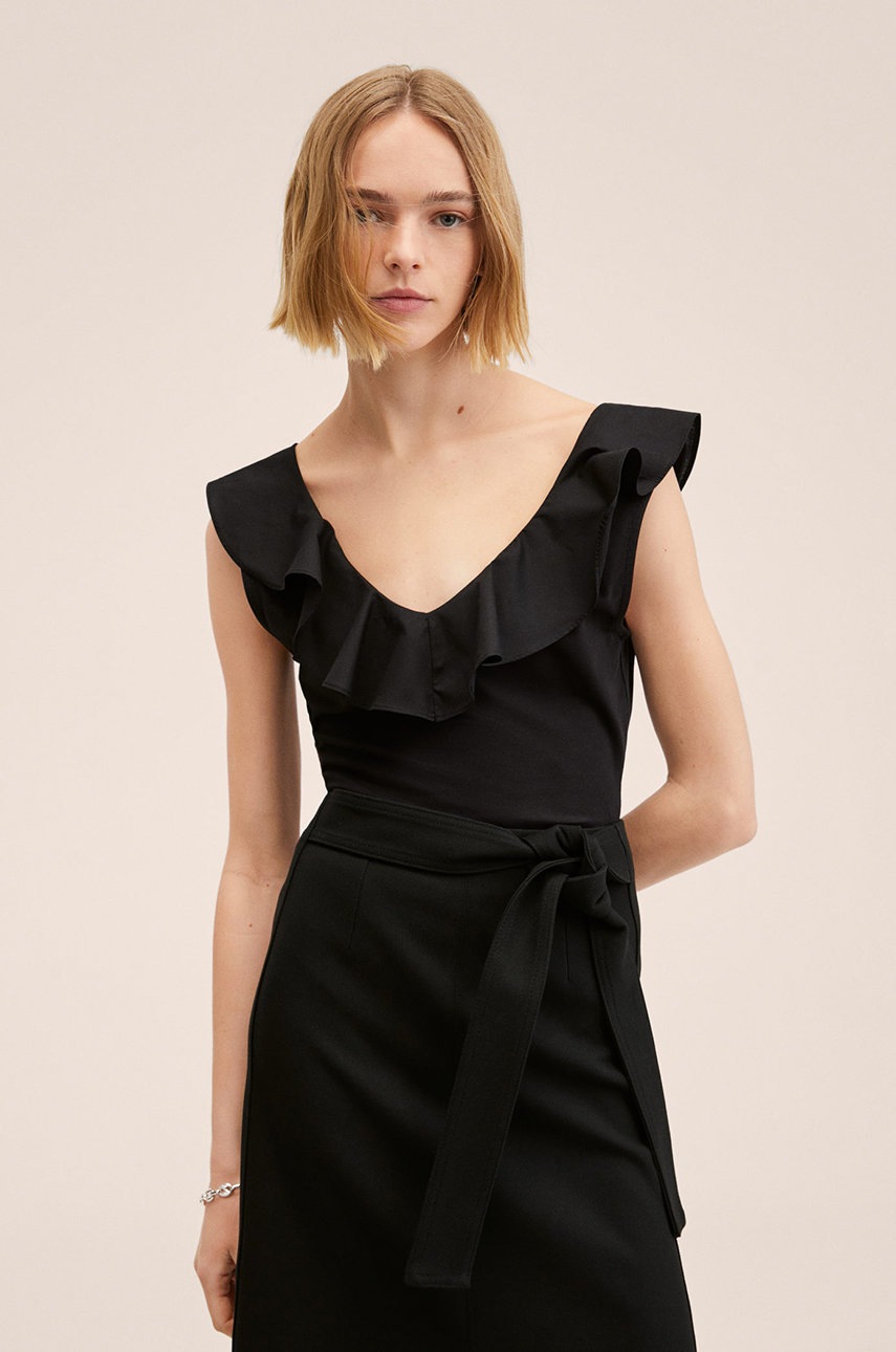 

Памучна блуза Mango Ruffle в черно, Черен