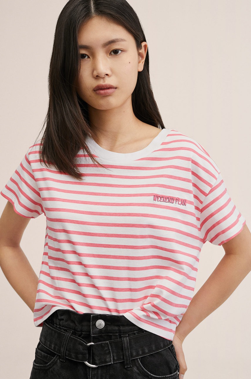 

Детска памучна тениска Mango Kids Rayas в розово, Розов