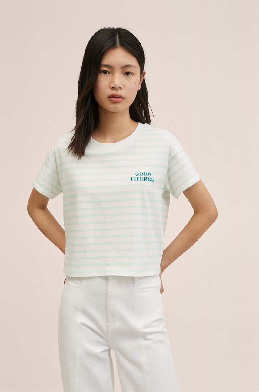 

Детска памучна тениска Mango Kids Rayas в зелено, Зелен