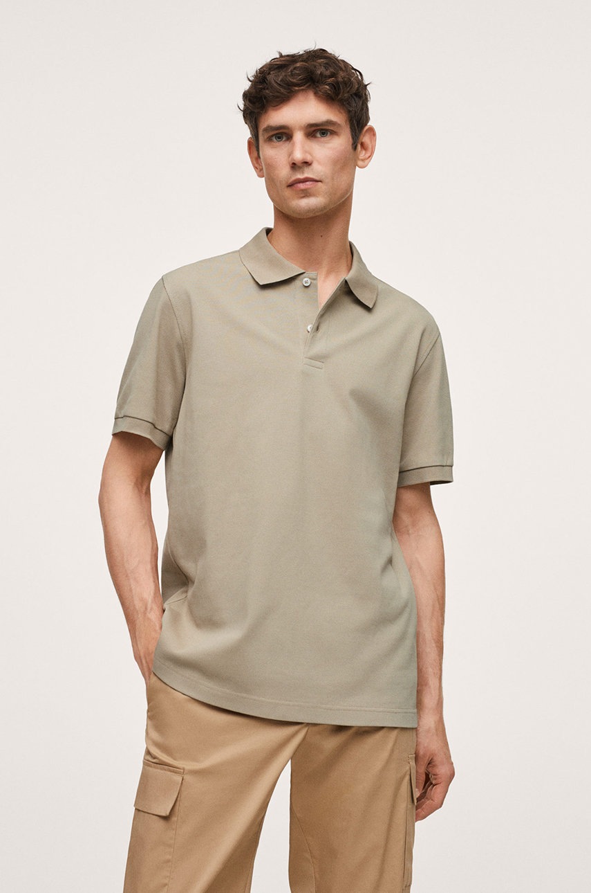 Mango Man Tricou Polo Rea bărbați, culoarea verde, material neted