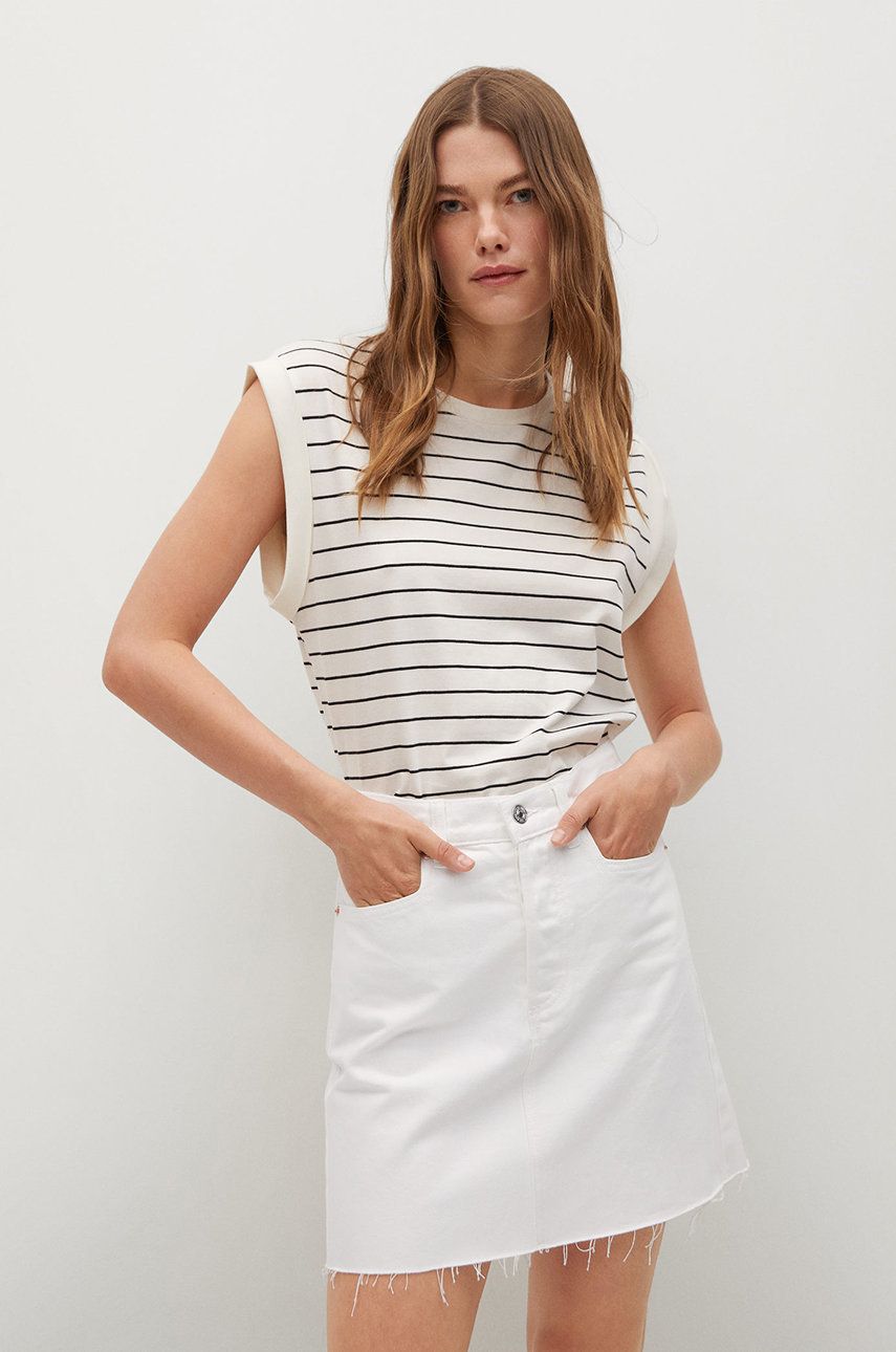 Mango Fusta jeans Rachel culoarea alb, mini, model drept