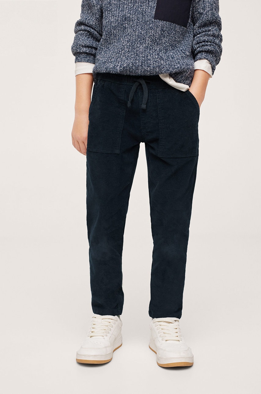 Mango kids pantaloni copii carter culoarea albastru marin, material neted