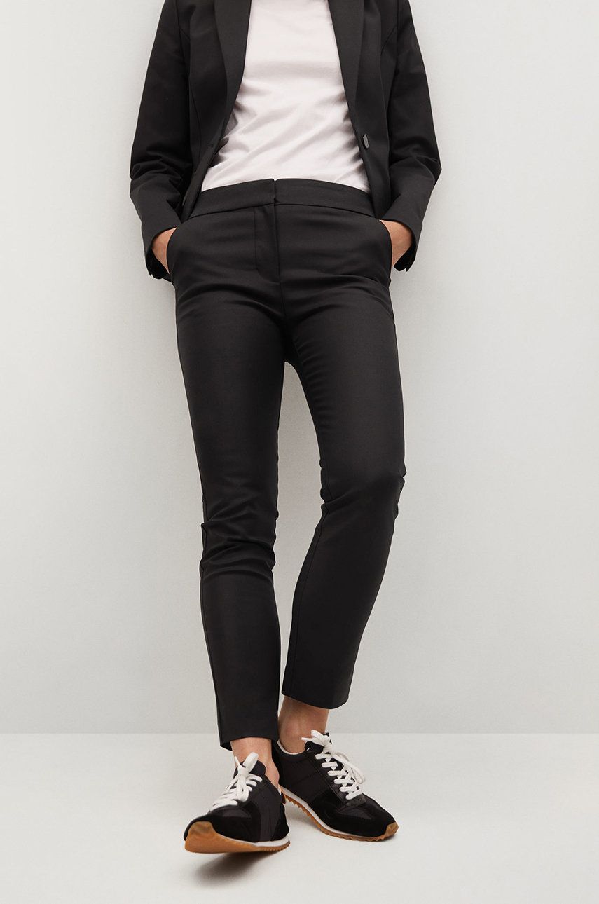 Mango Pantaloni Cofi7-A femei, culoarea negru, mulat, medium waist