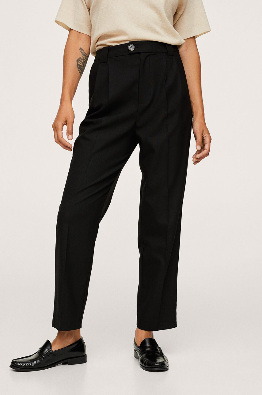 Mango pantaloni femei, culoarea negru, model drept, high waist
