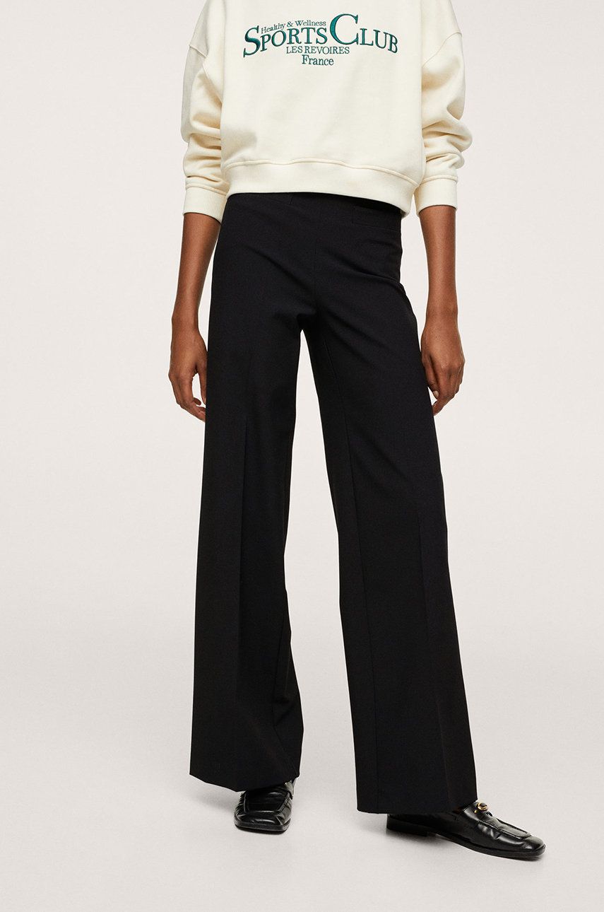 Mango Pantaloni femei, culoarea negru, lat, high waist