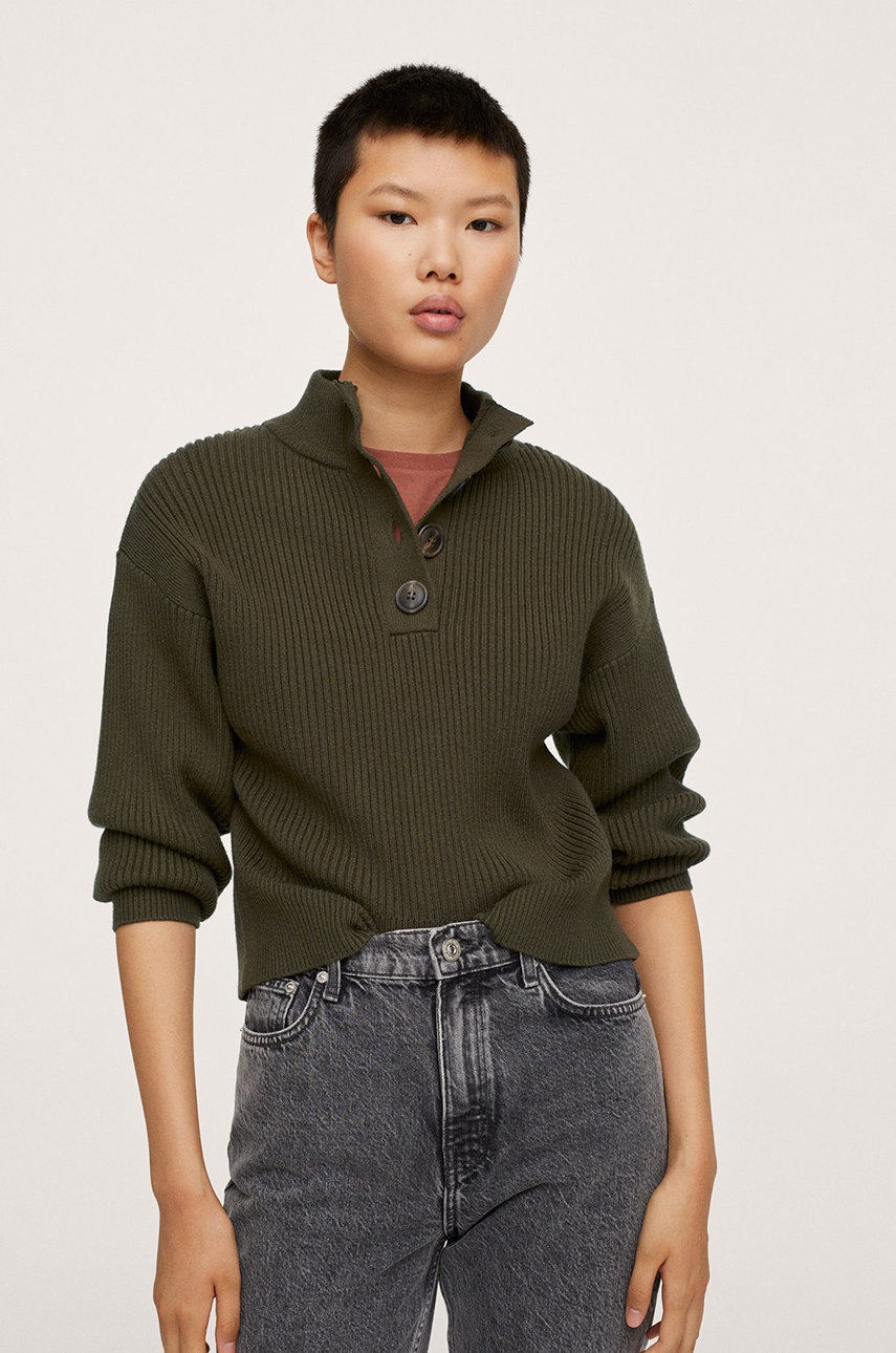 

Пуловер Mango дамски в кафяво от лека материя с поло, Кафяв