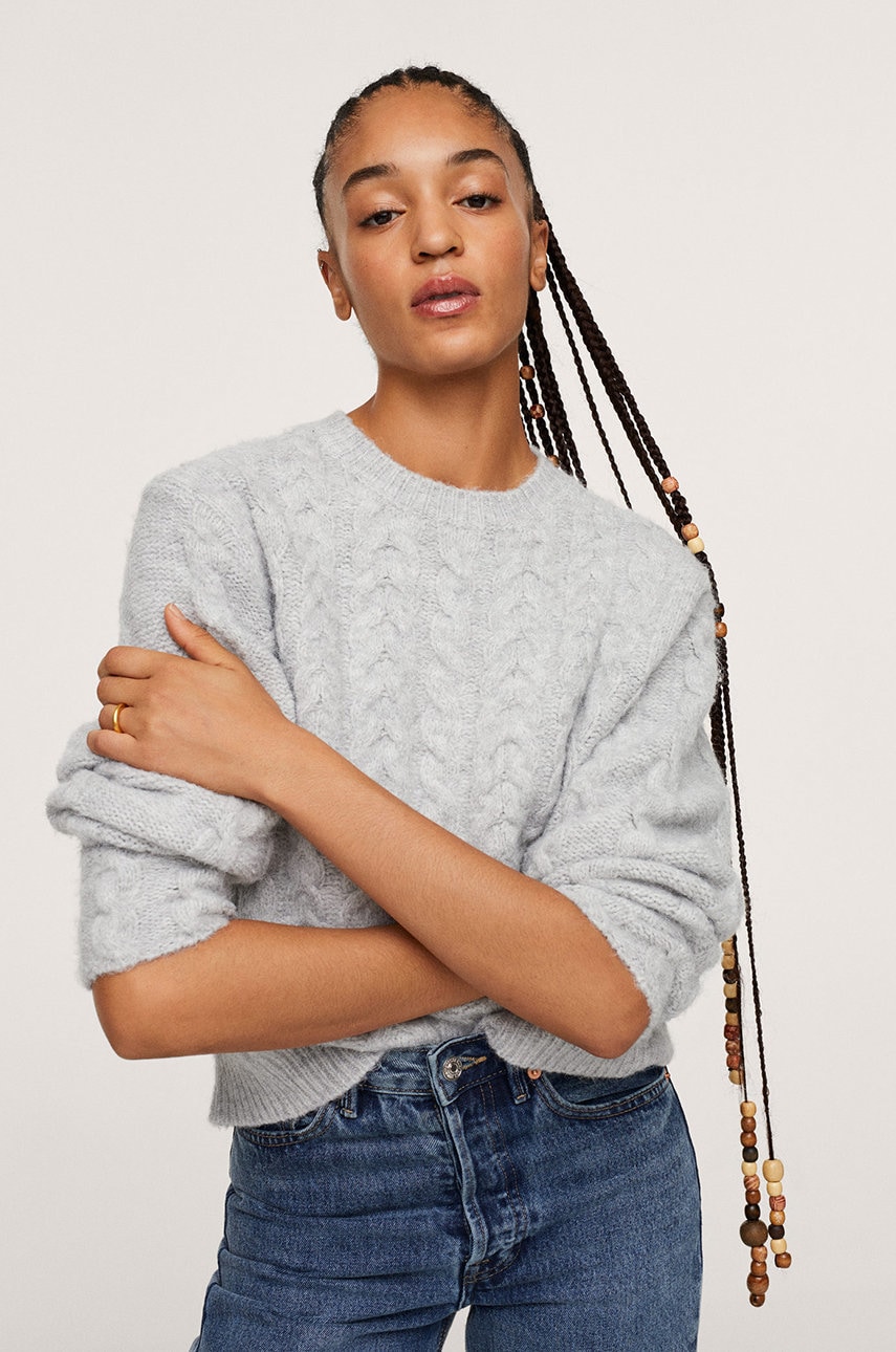 Mango pulover trenza femei, culoarea gri, light